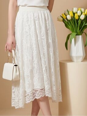 White Lace Midi Skirt with Elastic Waistband